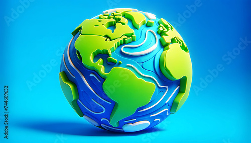 3D representation of Earth with stylized  raised green continents contrasting against a deep blue ocean background. The design is modern and simplified  emphasizing a clean.