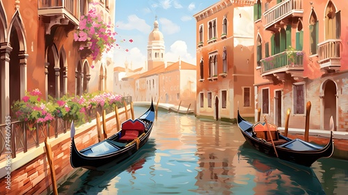 Panoramic view of Venice canal with gondolas, Italy © I