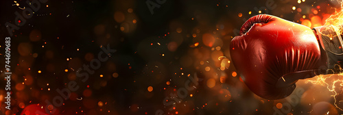 Red boxing glove with electric sparks, fiery background.