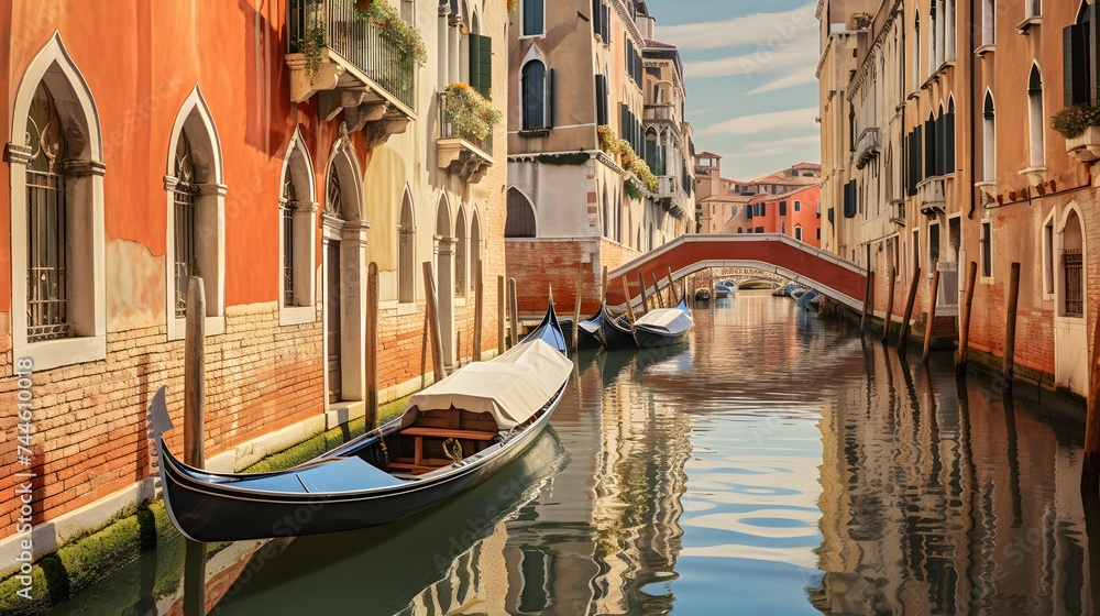 Venice, Italy. Panoramic view of a canal with gondola