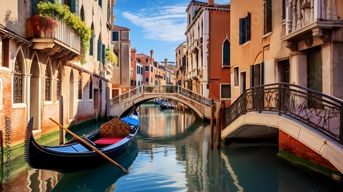 Venice canal with gondolas and bridge in Italy, Europe