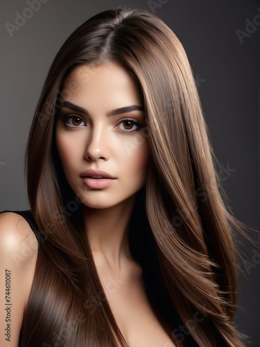 Beautiful fashion hispanic model girl with brown long straight hair for commercial shampoo ad concept from Generative AI