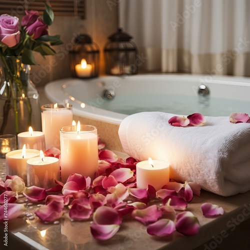 Spa setting with petals and candles. Burning candles towels on table near bath tub with flowers