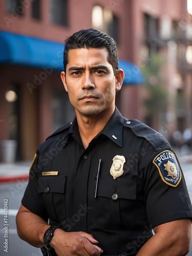 Portrait of a handsome hispanic police officer man on uniform on a city police station background from Generative AI