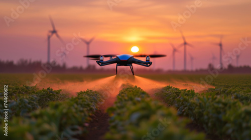 Drone flying and spraying fertilizer on the agriculture fields during sunset with windmills in the background