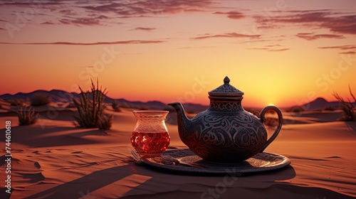 Oriental teapot and cup in desert at sunset. Tea preparation on sand, Generative AI