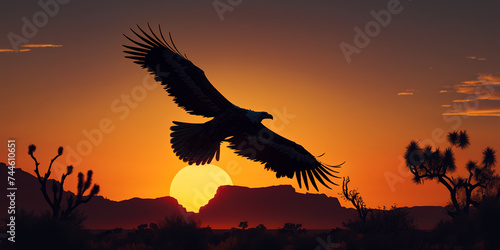 Silhouette of soaring bald eagle is set against dramatic desert sunset.
