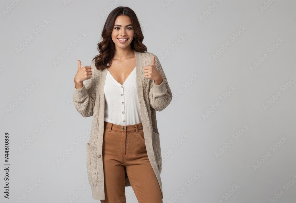 A casually stylish woman giving two thumbs up. She wears a knitted cardigan and trousers, radiating casual charm and approval. A casually stylish woman giving two thumbs up. She wears a knitted cardigan and trousers, radiating casual charm and approval.