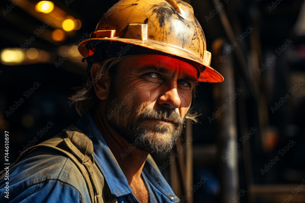 Portrait of worker in helmet at work. Portrait of worker in helmet at work.