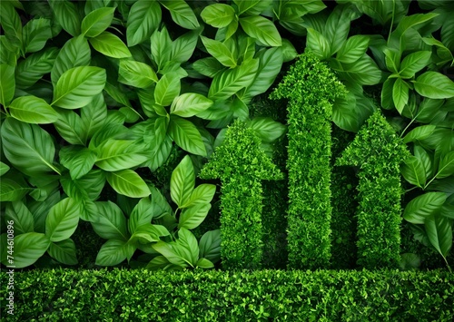 Illustration of upward-pointing arrows made of lush green grass, symbolizing eco-friendly progress, sustainable development, and positive environmental growth trends photo