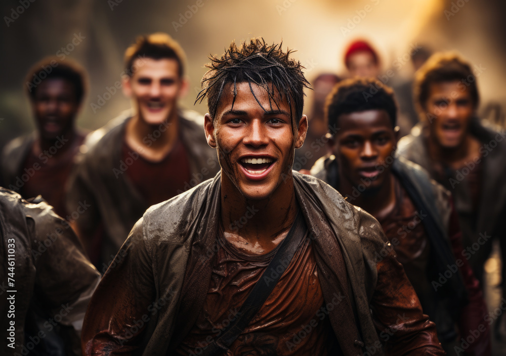 Young man is running in crowd of young people. Young man is running in crowd of young people.