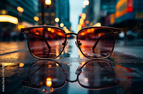 Sunglasses are placed on the wet floor in the city