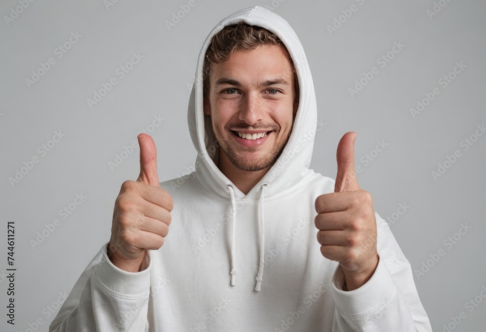 A man in a white hoodie with a hood, giving double thumbs up, his friendly face suggesting casual approval and contentment. A man in a white hoodie with a hood, giving double thumbs up, his friendly face suggesting casual approval and contentment.
