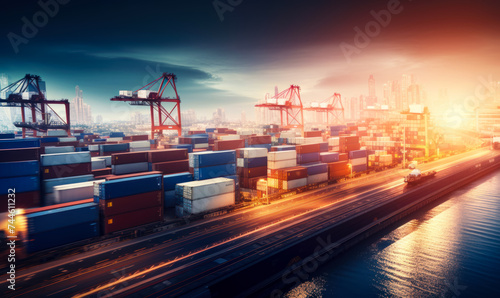 Abstract container cargo freight ship in import export business logistic and transportation of international by container cargo ship in the open sea Freight transportation Shipping. photo