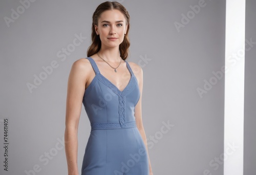 A stylish woman standing confidently in a fitted blue dress, her look is both modern and chic.