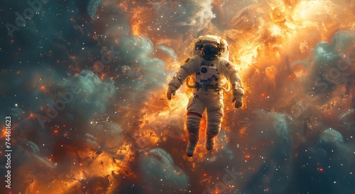 A lone astronaut gazes upon the vastness of space, surrounded by a stunning nebula in this mesmerizing digital composite