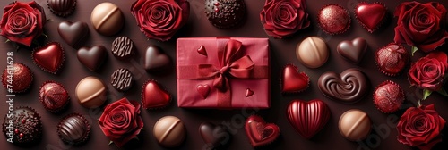 Design an enticing flat lay composition with a red gift box taking center stage amidst a cluster of red roses, chocolates, and heart-shaped paper cutouts, providing an elegant backdrop