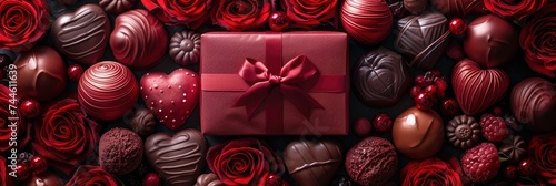 Design an enticing flat lay composition with a red gift box taking center stage amidst a cluster of red roses, chocolates, and heart-shaped paper cutouts, providing an elegant backdrop