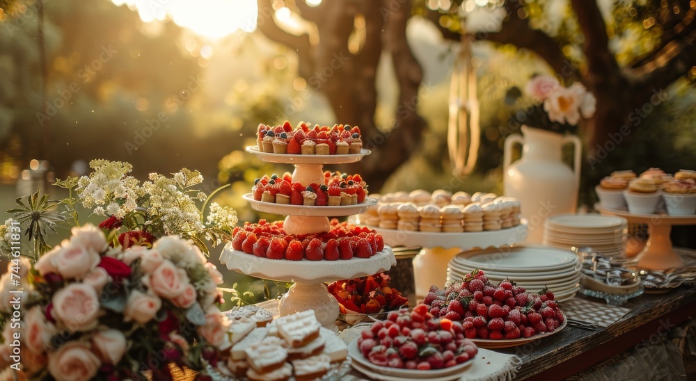 A beautifully decorated wedding cake stands on a flower-adorned cake stand, surrounded by an array of delicious baked goods and sweet treats on an indoor table, ready to be enjoyed by guests at this 