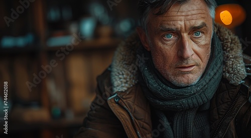 A mysterious man with piercing blue eyes gazes out from under his scarf and coat, his face weathered with wrinkles as he stands in the dark of an empty street