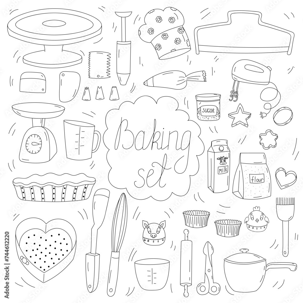 Baking set. Hand drawn illustration kitchen tools. Baking set. Hand drawn illustration kitchen tools.