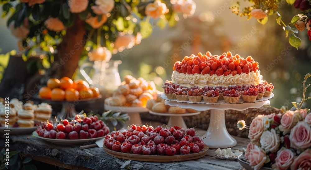 A stunning display of sweet treats and baked goods on a beautiful cake stand, featuring an array of delectable pastries, decorated cakes, and fresh fruit, perfect for any indoor or outdoor event A stunning display of sweet treats and baked goods on a beautiful cake stand, featuring an array of delectable pastries, decorated cakes, and fresh fruit, perfect for any indoor or outdoor event