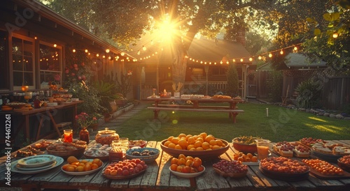 Under the shade of a towering tree, a bountiful outdoor buffet table overflows with an array of colorful and succulent fruits, tempting the senses and inviting one to indulge in nature's delicious of photo