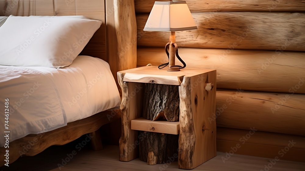 Rustic bedside table made from wood log near bed Farmhouse interior design of modern bedroom