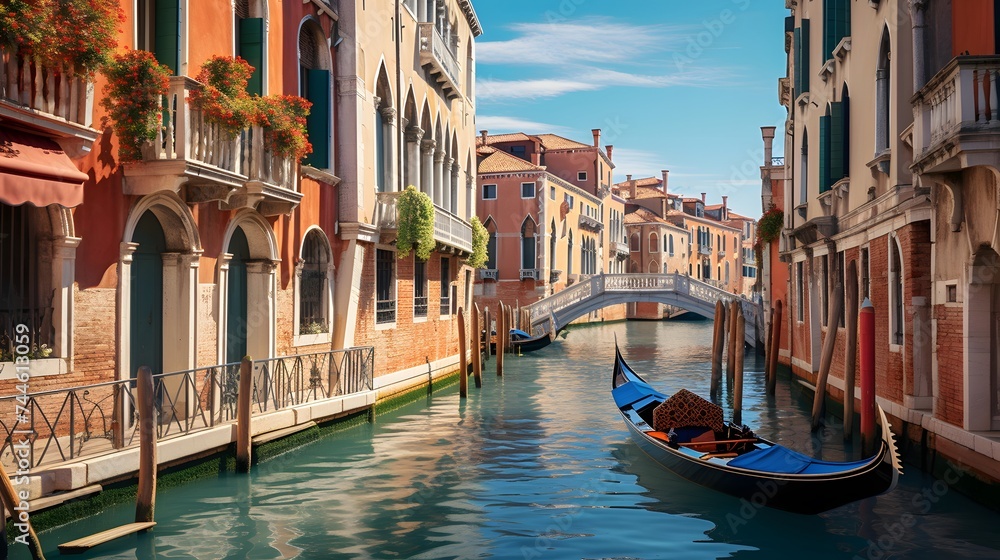 Panoramic view of canal and gondola in Venice, Italy