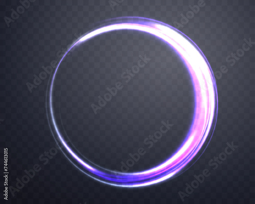 Silver and purple glowing magic ring. Neon realistic energy flare halo ring. Abstract light effect on a dark transparent background. Vector illustration.