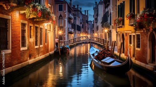 Canal in Venice at night  Italy. Panoramic view