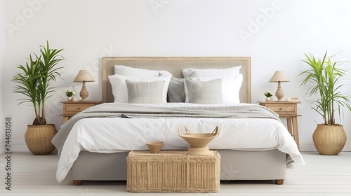 Wicker bed with grey pillows Farmhouse style interior design of modern bedroom