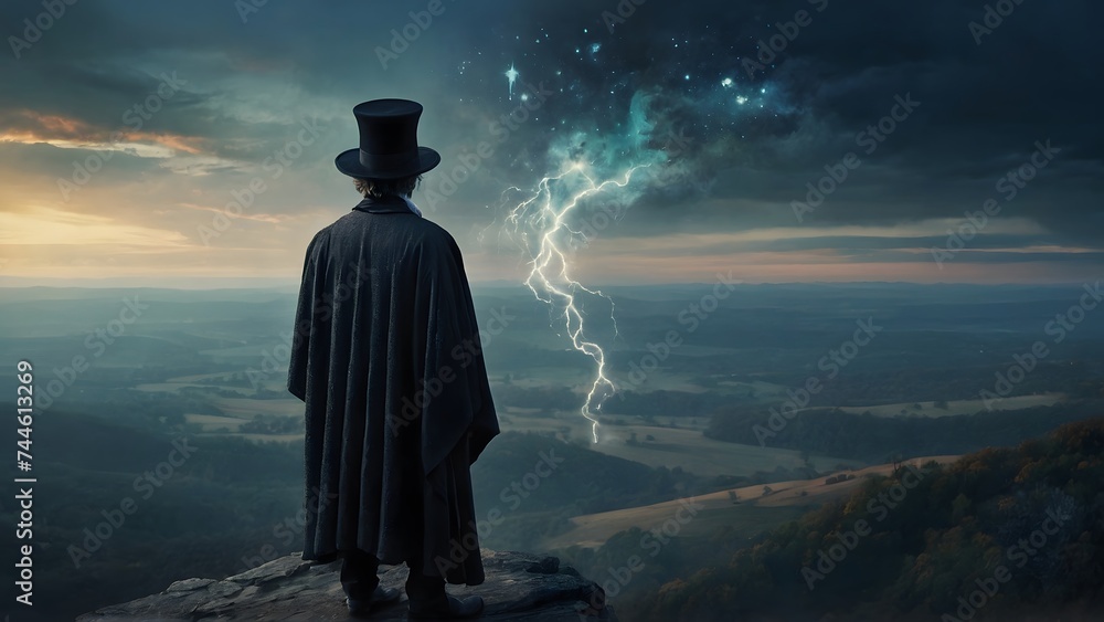 silhouette of a magician on the top of a hill silhouette of a magician on the top of a hill