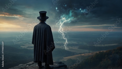 silhouette of a magician on the top of a hill