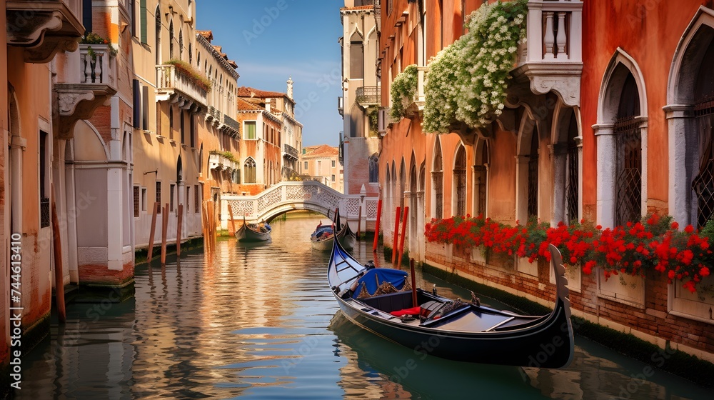 Panoramic view of Venice, Italy. Grand canal with gondolas