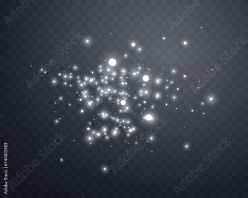 Silver magic sparks and dust stars. Glittering dots, particles, sparkles. Glow flare light effect. Silver luminous points. Vector particles on transparent background.