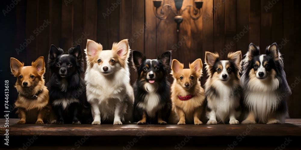 Row of tiny canines posing on rustic wooden stage for photo shoot. Concept Dog Photography, Pet Portraits, Rustic Setting, Miniature Breeds, Stage Poses