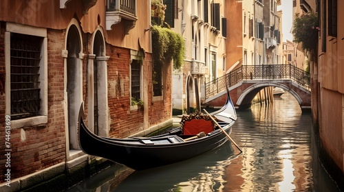 Gondola on canal in Venice, Italy. Panoramic view. © I