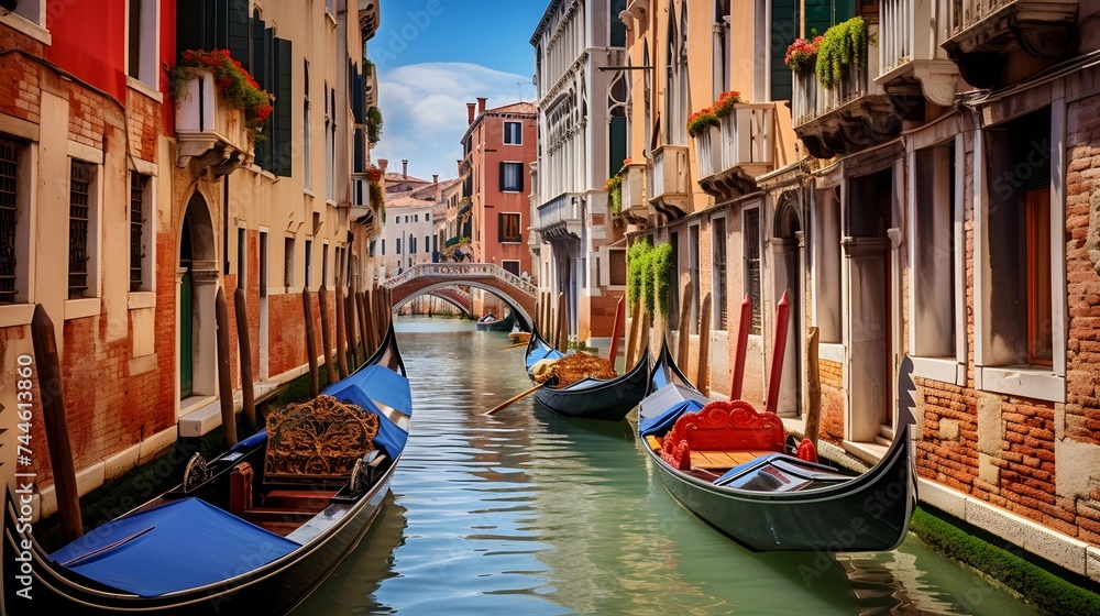 Gondolas in Venice, Italy. Panoramic view of Venice