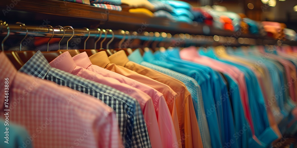 Colorful array of shirts neatly displayed on clothing rack in store. Concept Clothing racks, Fashion display, Colorful array, Retail store, Clothing store Colorful array of shirts neatly displayed on clothing rack in store. Concept Clothing racks, Fashion display, Colorful array, Retail store, Clothing store