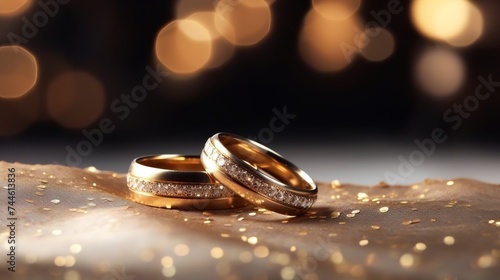 Close-up of shimmering gold wedding rings on glittery background with text space