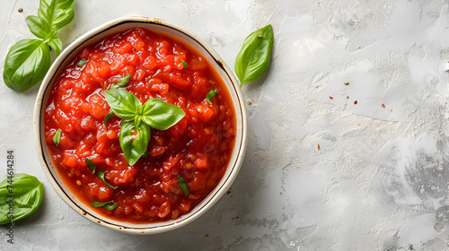 Tomato sauce in a bowl on a light background top view, copy space, generative ai