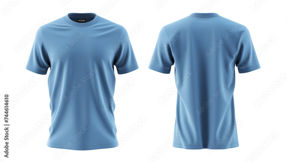 3d blue t-shirt front and back side, for mockup, transparent PNG. T-shirt on white background. 3d blue t-shirt front and back side, for mockup, transparent PNG. T-shirt on white background.