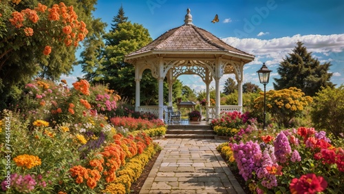 Gazebo in beautiful summer garden with colorful flowers and sunlight © i7 Binno
