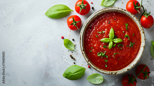 Tomato sauce in a bowl on a light background top view, copy space, generative ai