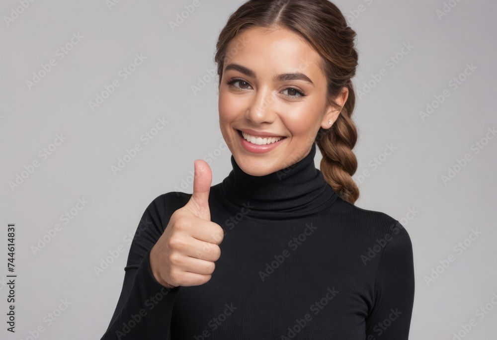 A charming woman in a black turtleneck with a braided hairstyle giving a thumbs up. Her smile and gesture express positivity and confidence. A charming woman in a black turtleneck with a braided hairstyle giving a thumbs up. Her smile and gesture express positivity and confidence.