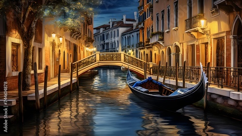 Venetian canal with gondolas at night, Venice, Italy © I