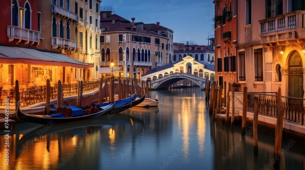 Grand Canal in Venice, Italy at night. Panoramic view