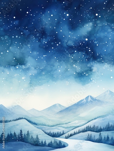 Snowy Landscape With Mountains and Trees. Printable Wall Art. © pham