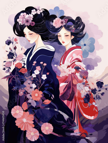 Two Women With Flowers in Their Hair. Printable Wall Art.